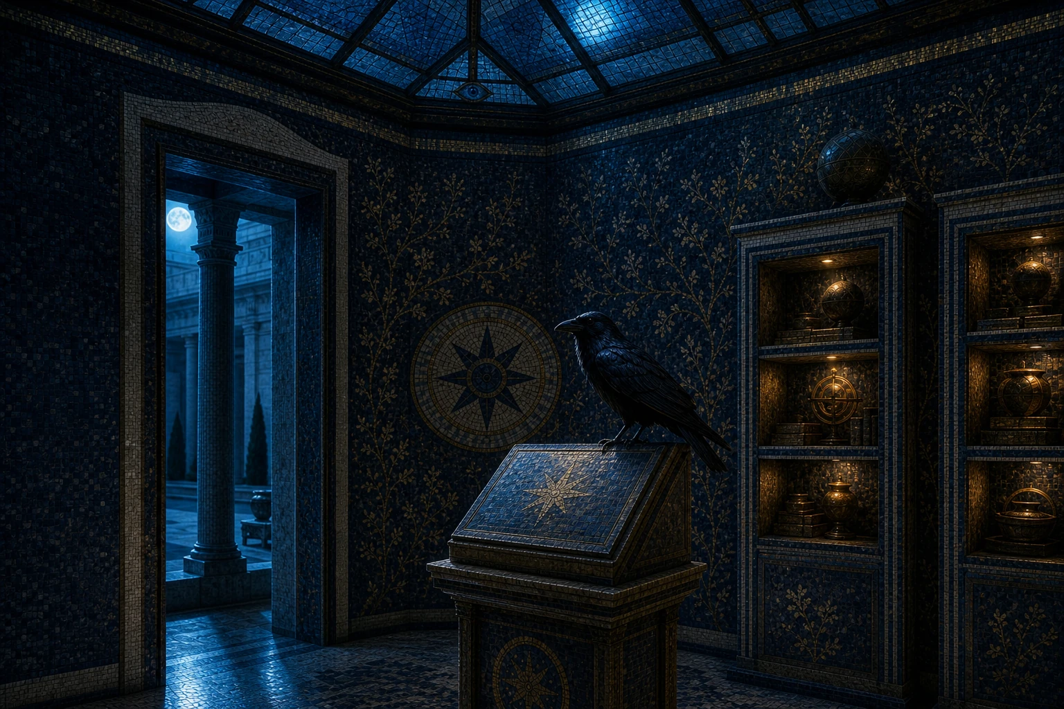 Illuminated Manuscript Room in the Historia world by night