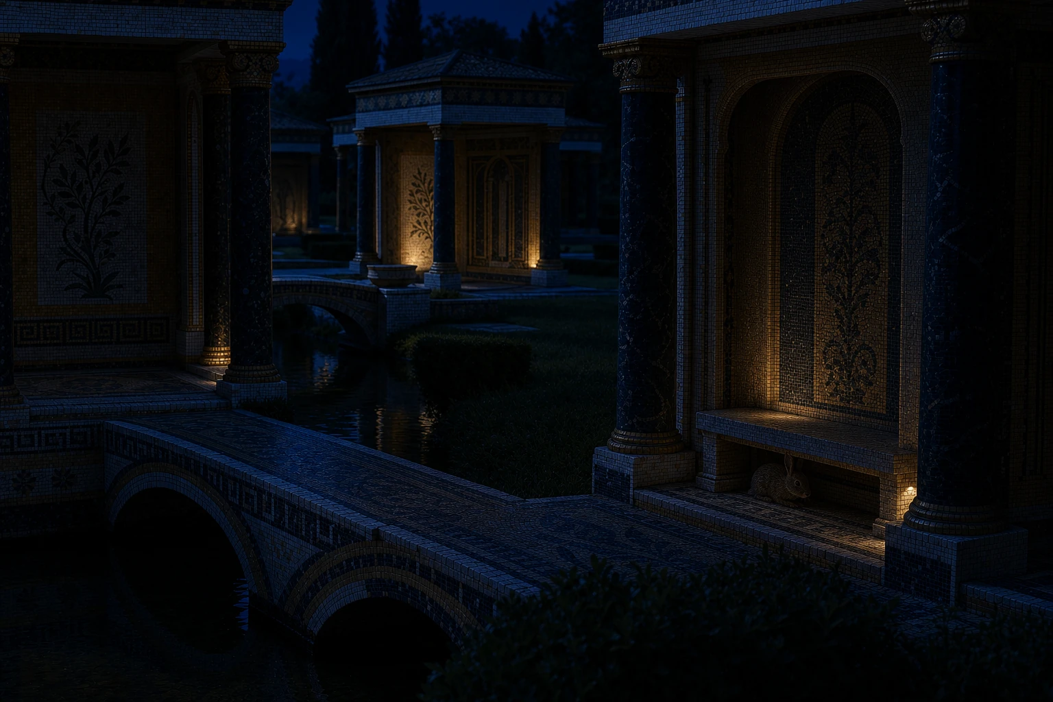 Distributed Pavilions in the Hoplite world by night