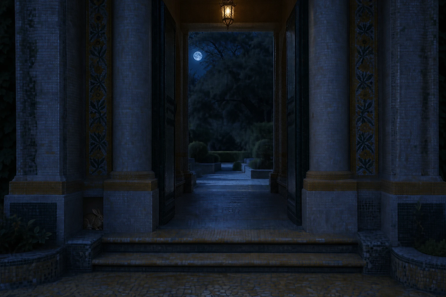 Open Gate in the Hoplite world by night